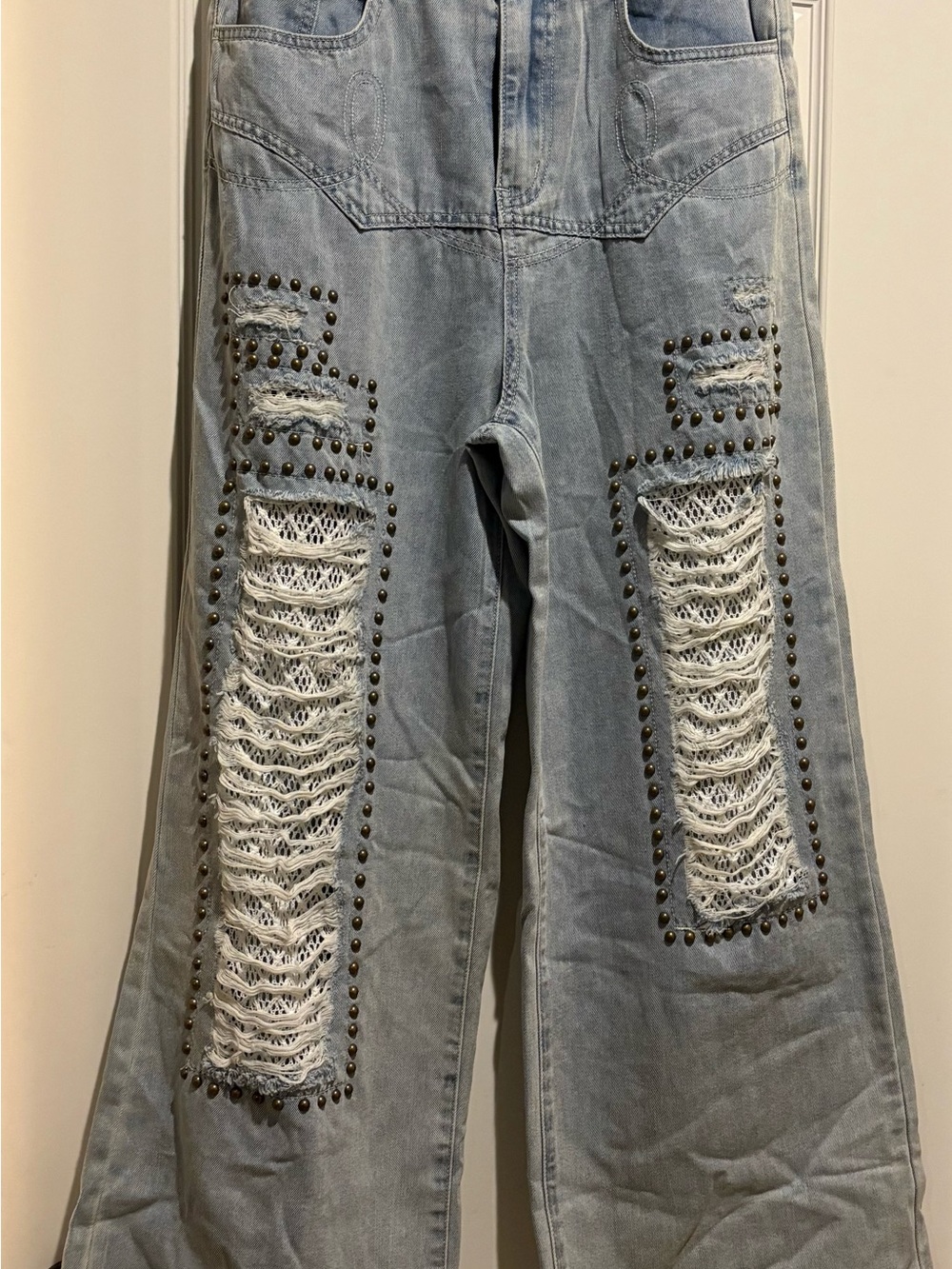POL Light Blue Wide Leg Jeans with Studded Crochet Panels